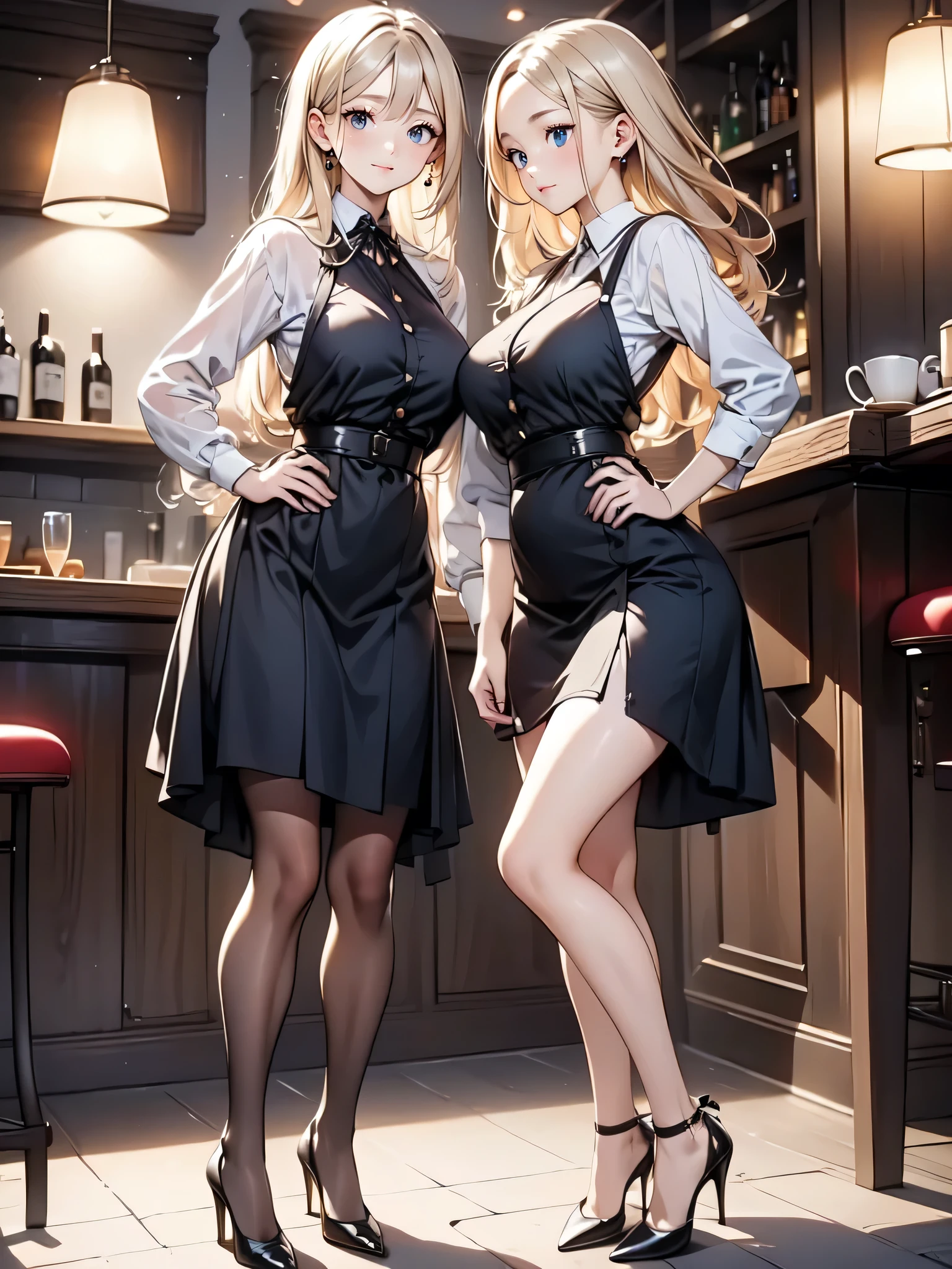 (masterpiece:1.3),(best quality, highest quality),((Full Body Shot,Including face)),()1girl,4K,masterpiece,((Focus on the face)),((Symmetrical facial features)),Beautiful woman,(Slender),((High heels,Patterned stockings with straps)),Detailed depiction of the face, Cafe clerk ,bar counter,profile,Long skirt,Slenderな女性,Green Cafe uniform,Age 25,Working