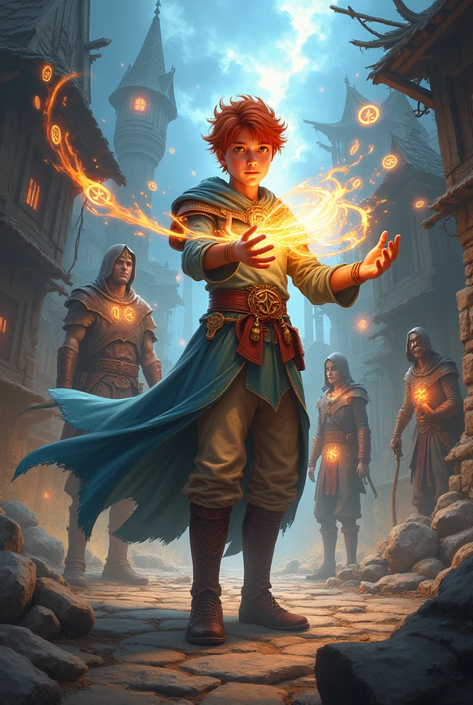 Fantasy Art, DND cover art, role playing art, dungeons and dragons Fantasy Art, Red-haired cleric wizard boy healing allies with magic circles in a destroyed village