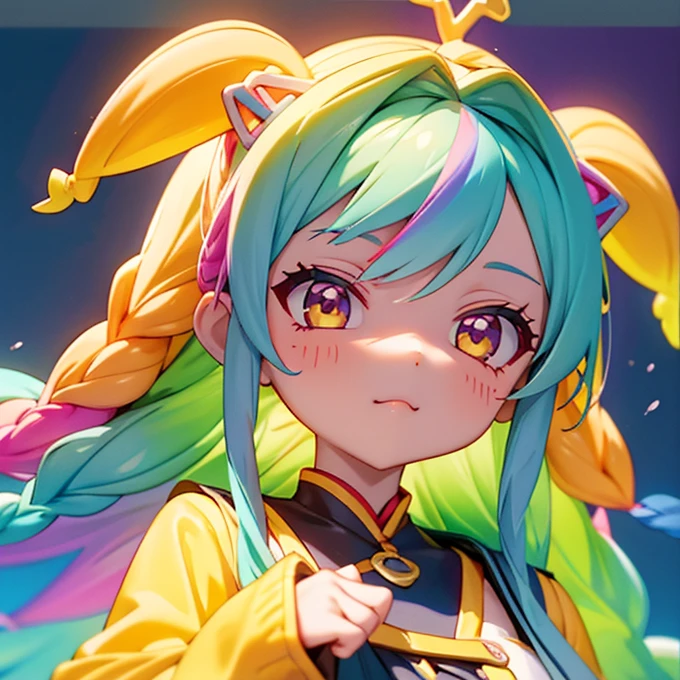 a close up of a person with colorful hair and a Rainbow Colors wig, rainbow hair overlay, Rainbow Colors hair, rainbow hair, Rainbow Colors, colorful hair, Colorful long hair, Kawaii Decoration RainbowCore, colorful braids, Hair coloring, colorful hair, Harajuku hair, cute colorful cute, half & half hair dye, Two-color Hair coloring agent bang dream 4th live, liveQR diagram, hololive, Anime cover, Detailed image, official artwork, game cover, Very detailed BD cover, live concert, Night Core, by Sengai, live, vivid), 2 days, QR diagram, singing, Sleeves, l7m, The album cover!, Use your index finger, visual novel cg, Lingchang