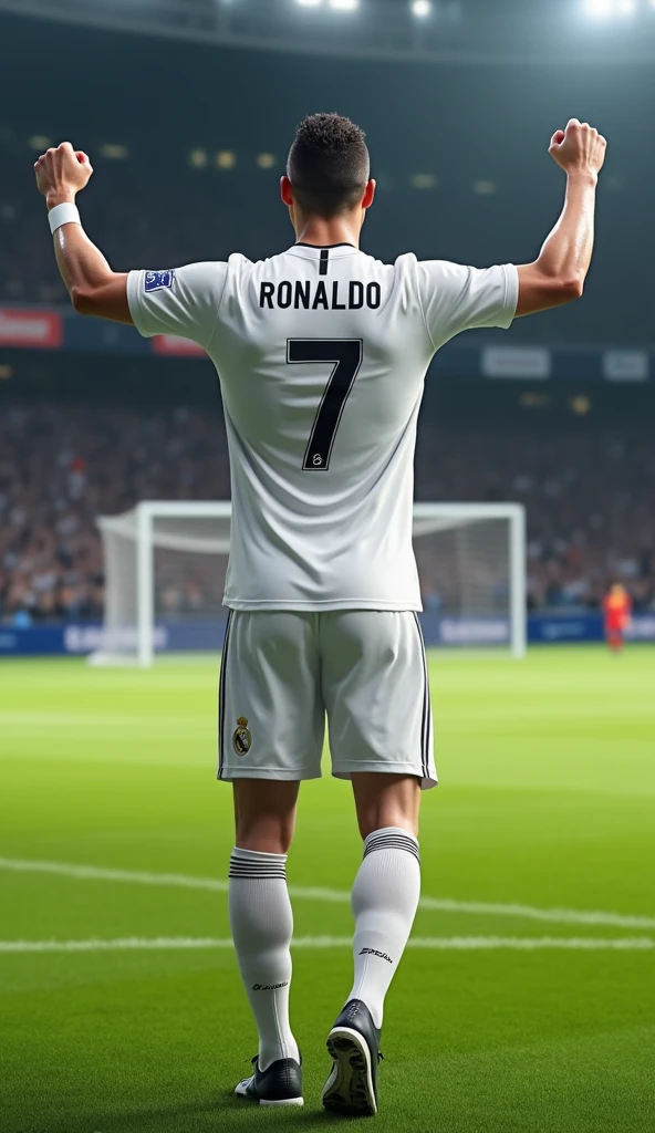 Photorealistic, 64K, A realistic christiano ronaldo [wearing real madrid soccer jersey number 7 ], standing up celebrating his goal, perfect fingers