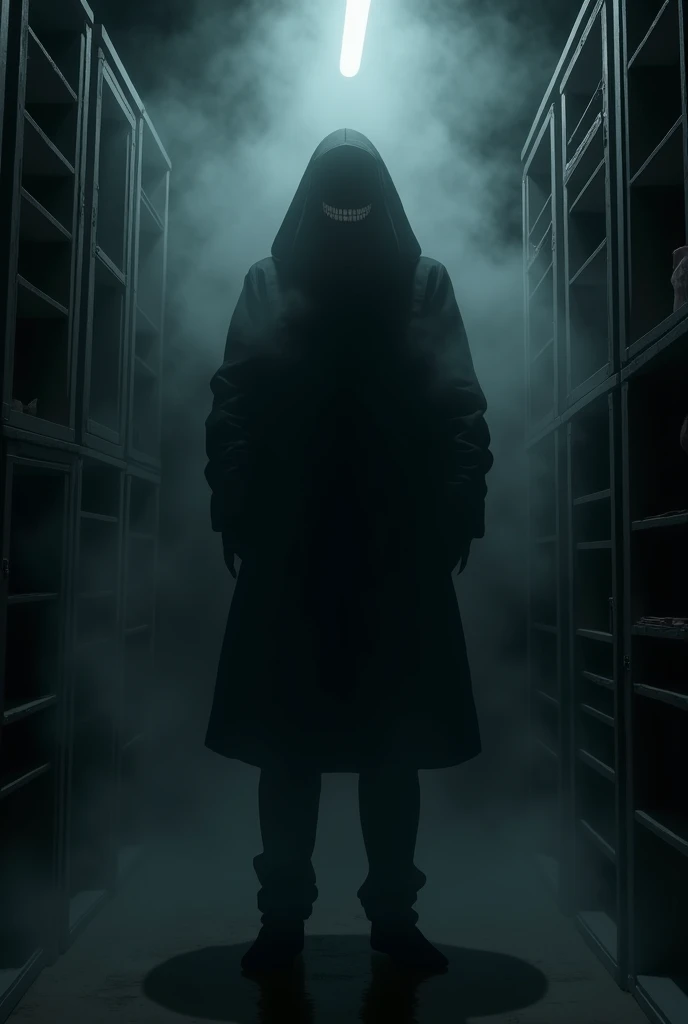 The image is anime style with shadows and dim lights, anime style although somewhat adult and dark, In it she appears in a storage room, a shadowy figure levitating, floating in the center, It looks like a human silhouette of an adult male covered by black smoke floating in the air, but you can&#39;t see anything of it, except for a white smile that runs from ear to ear. Everything except her smile, It is darkness
