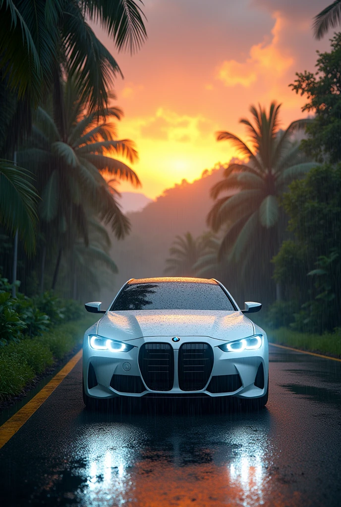 bmw car white gloww standing road in sunset rain fall and sky sunset road on jungle