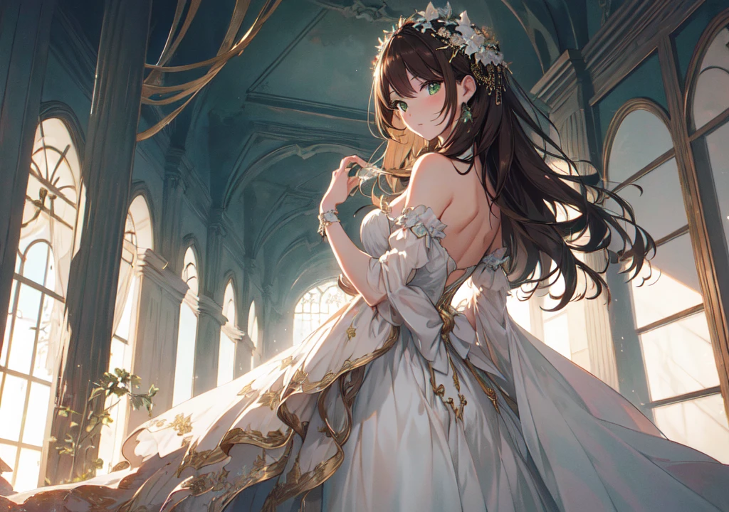 Realistic photos, Focus distance 10mm, Red and white, Beautiful girl, Realistic photos, Shooting at focus distance 10mm, masterpiece, 最high quality, high quality, Very detailed CG 8k wallpaper unit, Award-winning photography, Depth of written boundary, High resolution, bloom, chromatic aberration, Realistic, Very detailed, Art Station Trends, CGsociety Trends, Complex, High detail, dramatic, Art on the go, volumetric lighting, A Disney Princess-inspired beautiful young woman with long, wavy, dark brown hair and striking green eyes, standing in front of a grand, ancient mansion shrouded in mist. She wears a flowing, elegant gown in deep emerald green with gold accents, symbolizing both elegance and mystery. Her expression is a mix of determination and sadness, reflecting the weight of the secrets she carries. The background features an old oak tree with twisted branches and a full moon casting a soft, eerie light over the scene. The overall atmosphere is enchanting yet slightly ominous, with a touch of dark fairytale magic