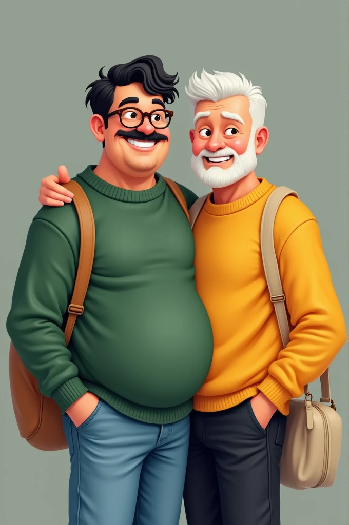 gay couple, chubby tanned boy with short wavy black hair, with mustache and round brown glasses, with green sweatshirt and jeans and white boy with white hair, short beard, yellow sweatshirt and black pants, with beige ecobag
