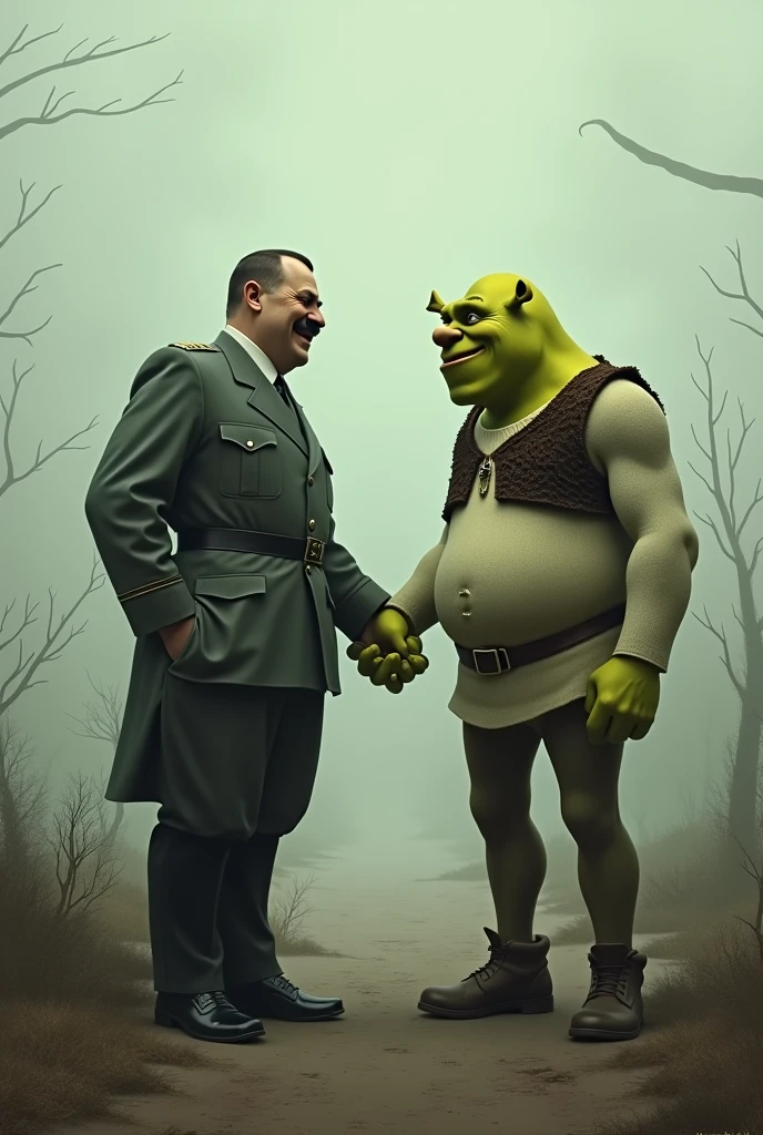Hitler and Shrek holding hands 