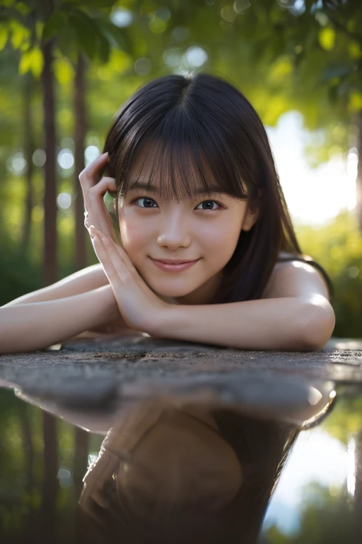 Highest quality、Masterpiece,Highest quality,excellence、Contest Works、Victory、Very beautiful 15Year old girl,An innocent smile,Very slim legs,Very beautiful,detailedな目と顔,Big round eyes,Very thin thighs,Poolside、sexy、Breast size is C cup、Height is 150cm、chest is not that big、脚は2Book、Hand2Book、Real、Realistic、detailed、