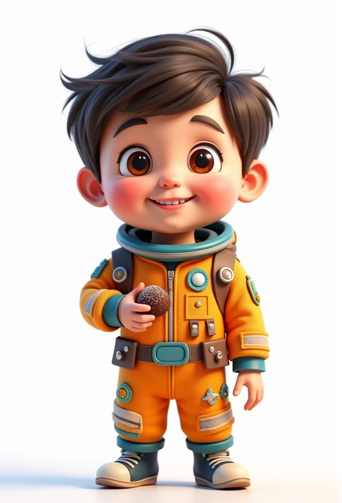 a happy and cute boy with short hair, wearing a space costume, , white background, the child, tom, Pixar-style, ....3d, Cartoon s, face detailed, asymmetric 16k.holding brigadeiro