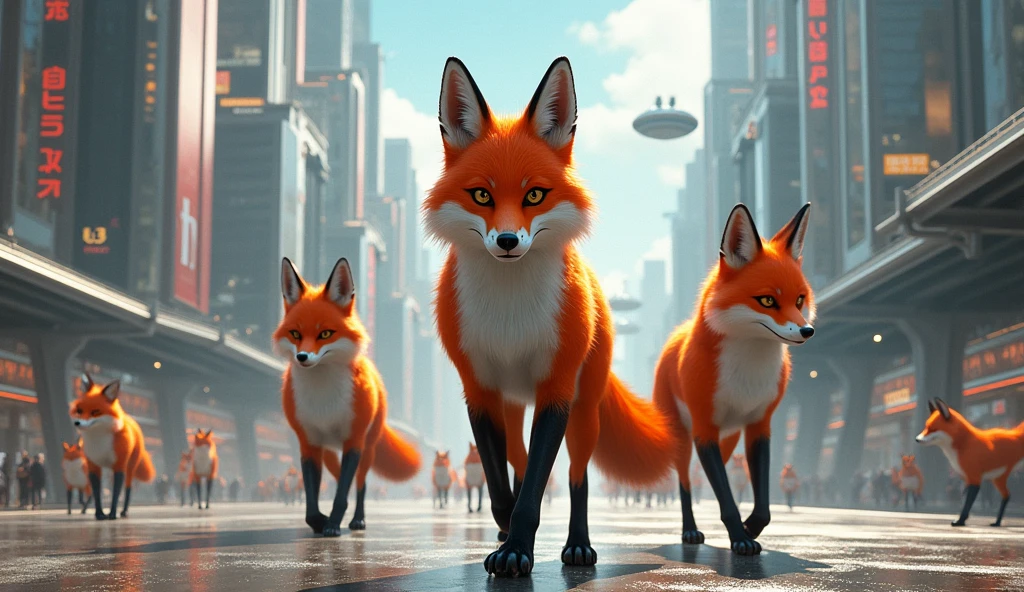 DOMINANT FOXES IN A FUTURISTIC URBAN PLACE GET OUT OF THE WAY