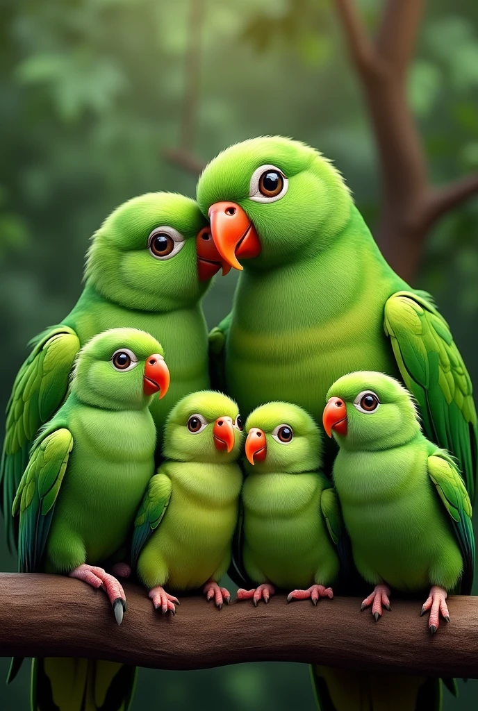 Four more green parrot chicks with their mother and father, a total of 6 green parrots, the Dalfa parrot family, the father has 2 large parrots and 4 small ones.