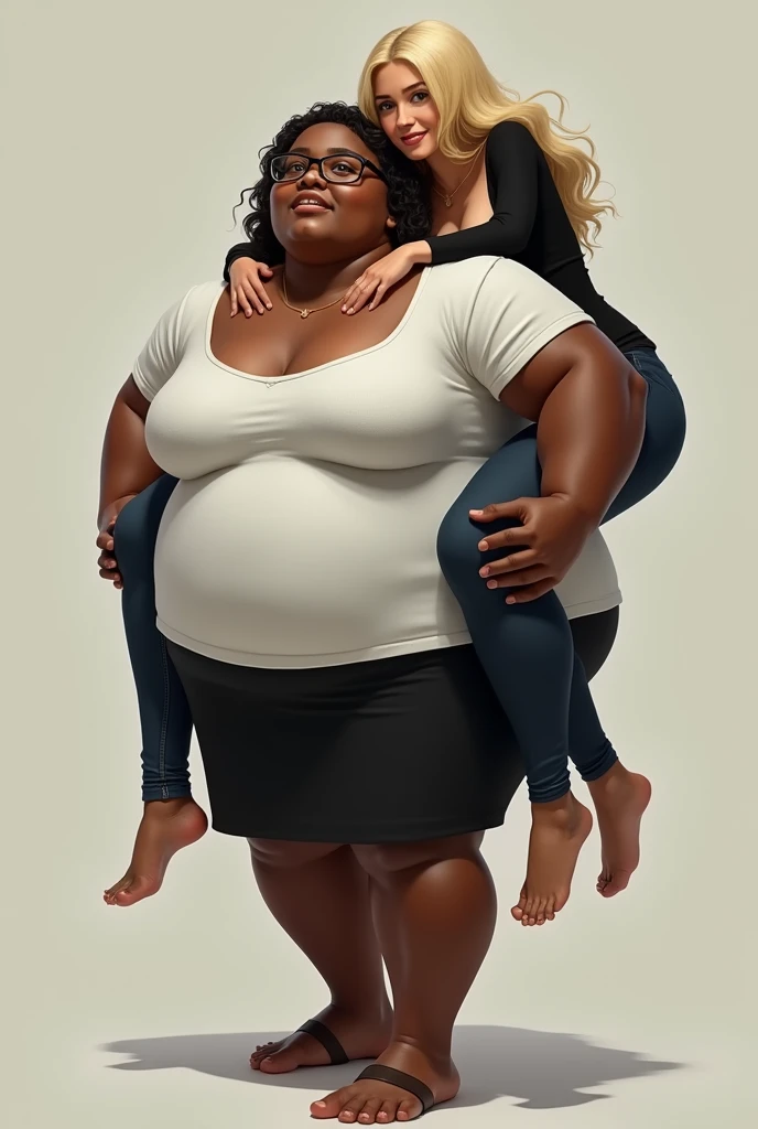 Create a realistic image of a young woman in her 20s, obese, with black and dark skin, with short hair, wearing a white shirt and black skirt and wearing prescription glasses, carrying a 2 young woman in his arms in the air, with light white skin, blonde hair long, slim body, naked on top with her breasts visible and wearing jeans.