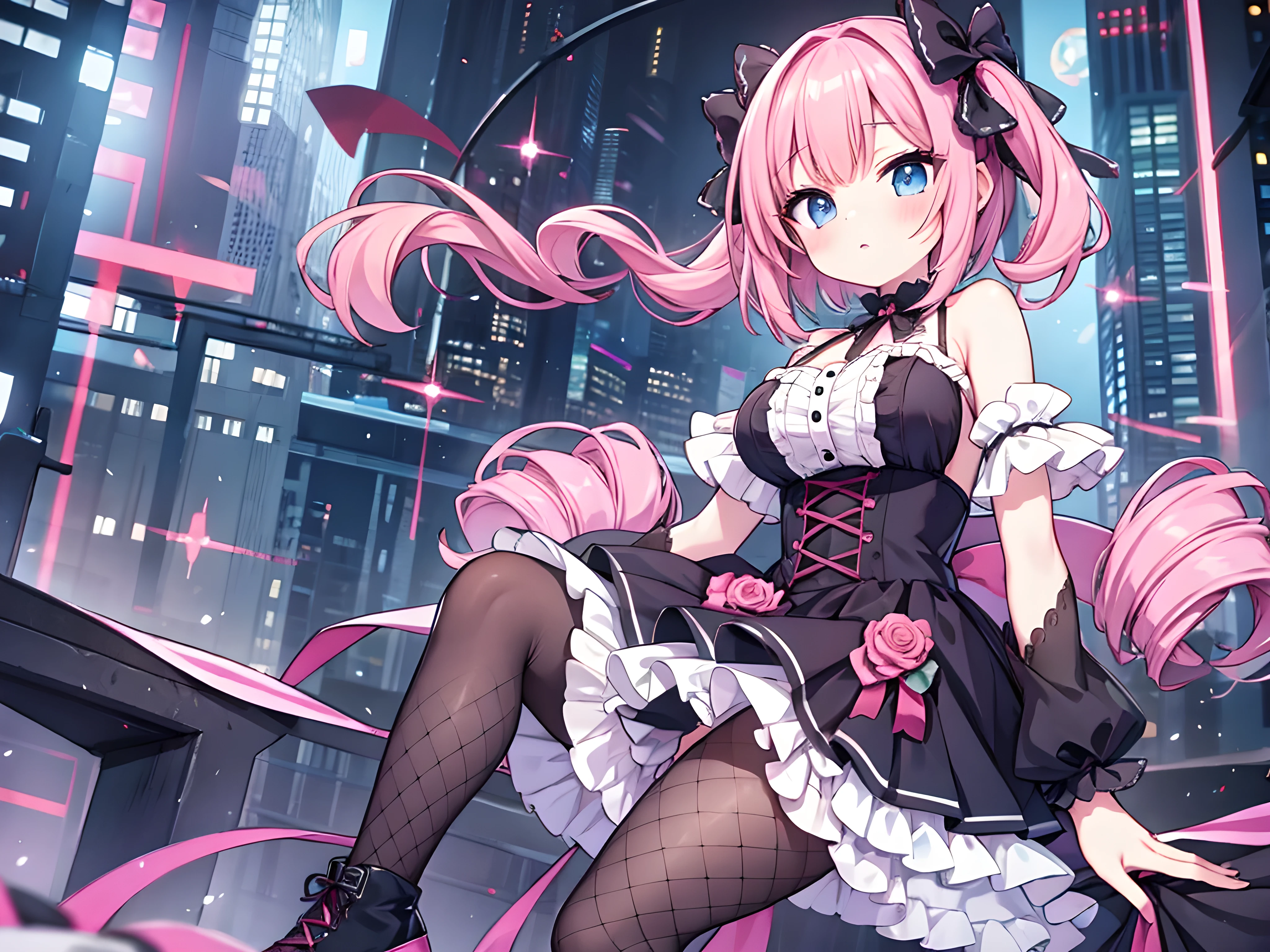 masterpiece,best quality,ultra detailed,super resolution, at the park,solo, looking at viewers,1 ,slender,Thin legs,babyface,,big eyes,eye shadow,lips,blush,(pink hair,twin drills,short hair,pink gradient hair:1.1),hairpin,ribbon,hair ornaments,large breast,elbow lace gloves,Gothic Lolita Dress,frills,micro skirt,thigh-high heel boots,Fishnet tights
