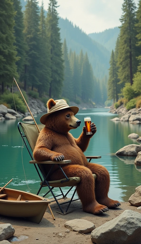 A fishing bear with his fishing rod, well defined: 1.3, sitting on a chair by a river, holding a fishing rod, drinking a beer, wearing a bucket hat, boat nearby, surrounded by a forest and rocks, extremely detailed, funny, surreal satirical scene.