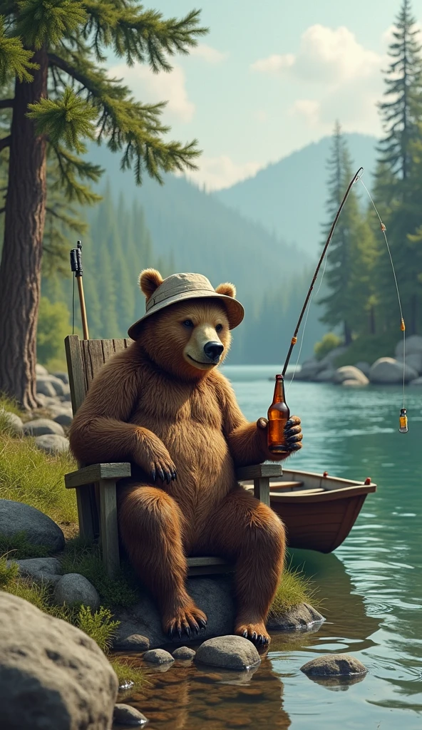 A fishing bear with his fishing rod, well defined: 1.3, sitting on a chair by a river, holding a fishing rod, drinking a beer, wearing a bucket hat, boat nearby, surrounded by a forest and rocks, extremely detailed, funny, surreal satirical scene.