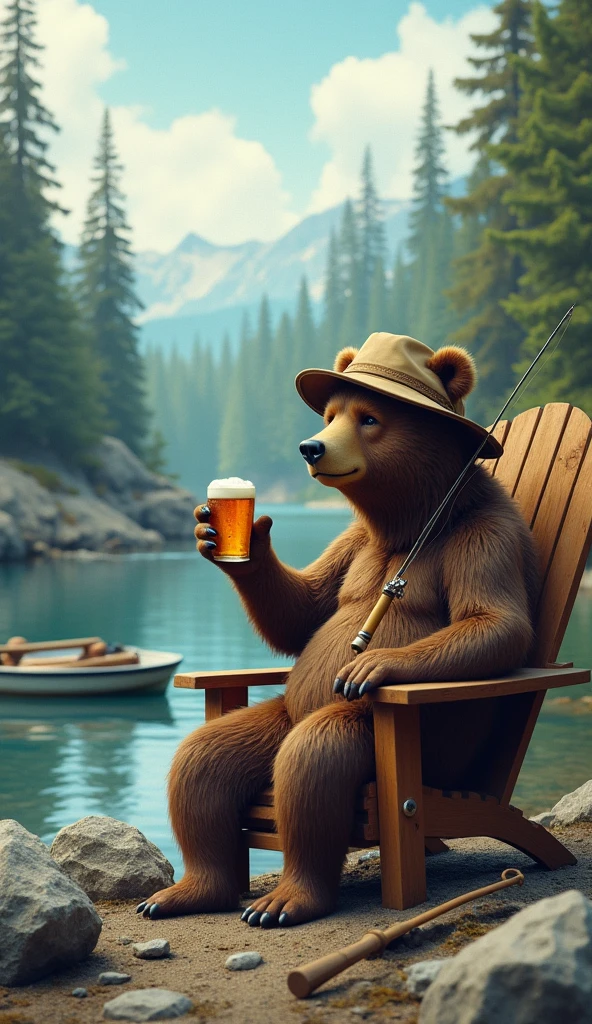 A fishing bear with his fishing rod, well defined: 1.3, sitting on a chair by a river, holding a fishing rod, drinking a beer, wearing a bucket hat, boat nearby, surrounded by a forest and rocks, extremely detailed, funny, surreal satirical scene.