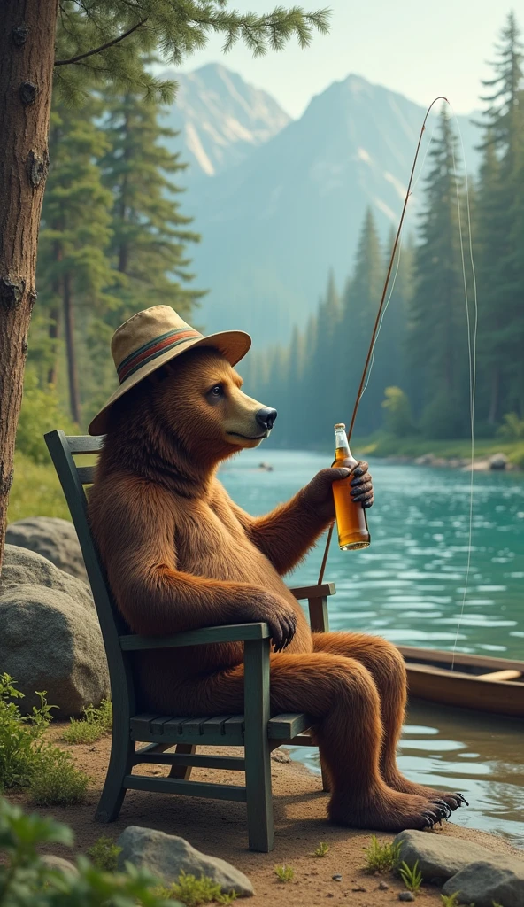 A fishing bear with his fishing rod, well defined: 1.3, sitting on a chair by a river, holding a fishing rod, drinking a beer, wearing a bucket hat, boat nearby, surrounded by a forest and rocks, extremely detailed, funny, surreal satirical scene.