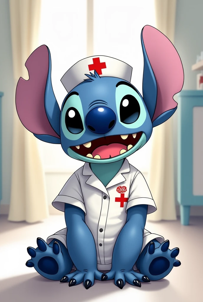 Create a drawing of stitch in a nurse outfit, that is sitting