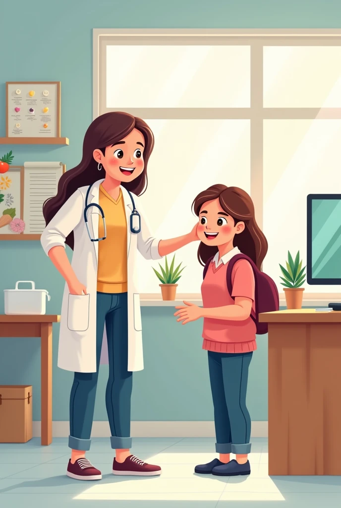 I am looking for an illustration of a student with allergies and a teacher curing her. Drawing style: Modern and vector, with smooth, clean lines, and vibrant colors. Cartoonish but realistic. Color: Using a palette of bright and contrasting colors that are pleasant and eye-catching. FORMAT: Illustrations arranged in a book or manual style. This illustration is intended for a guidance and training manual, so it must be clear, accessible and visually appealing."
