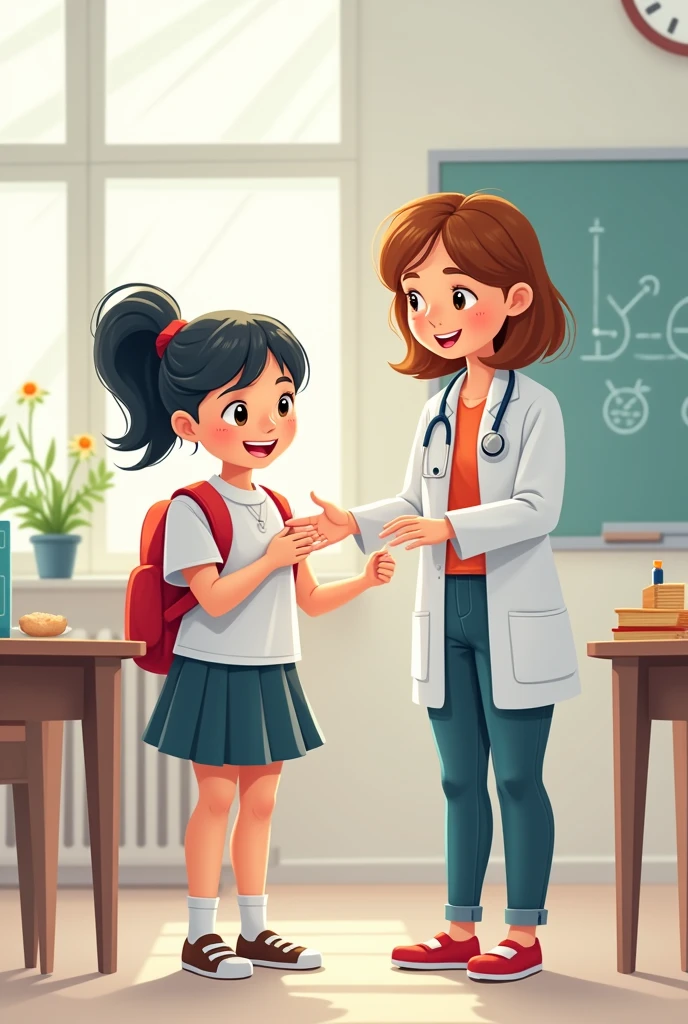 I am looking for an illustration of a student with allergies and a teacher curing her. Drawing style: Modern and vector, with smooth, clean lines, and vibrant colors. Cartoonish but realistic. Color: Using a palette of bright and contrasting colors that are pleasant and eye-catching. FORMAT: Illustrations arranged in a book or manual style. This illustration is intended for a guidance and training manual, so it must be clear, accessible and visually appealing."