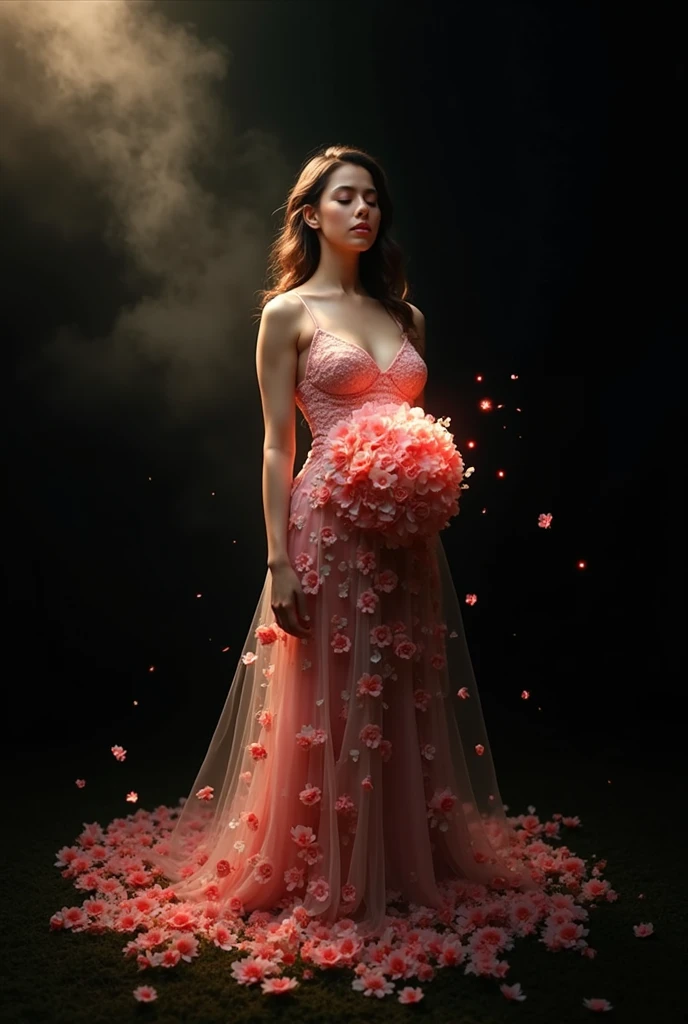 arafed woman in a pink dress standing in front of a floral backdrop, digital art inspired by Oleg Oprisco, tumblr, baroque, ethereal fairytale, very magical and dreamy, dreamy style, maternal photography 4 k, dreamy and ethereal, lady with glowing flowers dress, ethereal and dreamy theme, in the white clouds fairyland, ethereal and dreamy