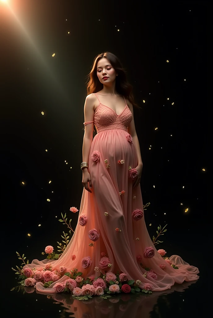 arafed woman in a pink dress standing in front of a floral backdrop, digital art inspired by Oleg Oprisco, tumblr, baroque, ethereal fairytale, very magical and dreamy, dreamy style, maternal photography 4 k, dreamy and ethereal, lady with glowing flowers dress, ethereal and dreamy theme, in the white clouds fairyland, ethereal and dreamy