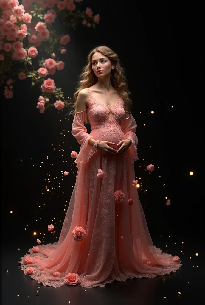 arafed woman in a pink dress standing in front of a floral backdrop, digital art inspired by Oleg Oprisco, tumblr, baroque, ethereal fairytale, very magical and dreamy, dreamy style, maternal photography 4 k, dreamy and ethereal, lady with glowing flowers dress, ethereal and dreamy theme, in the white clouds fairyland, ethereal and dreamy