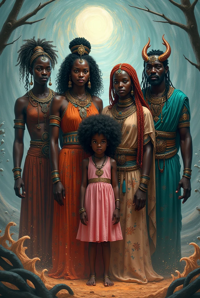  Orisha containing the four being: oxum ,iemanjá , Oxossi, omolu/Obaluaê and a small child next to them, about , black with afro hair and dressed in a pink dress

