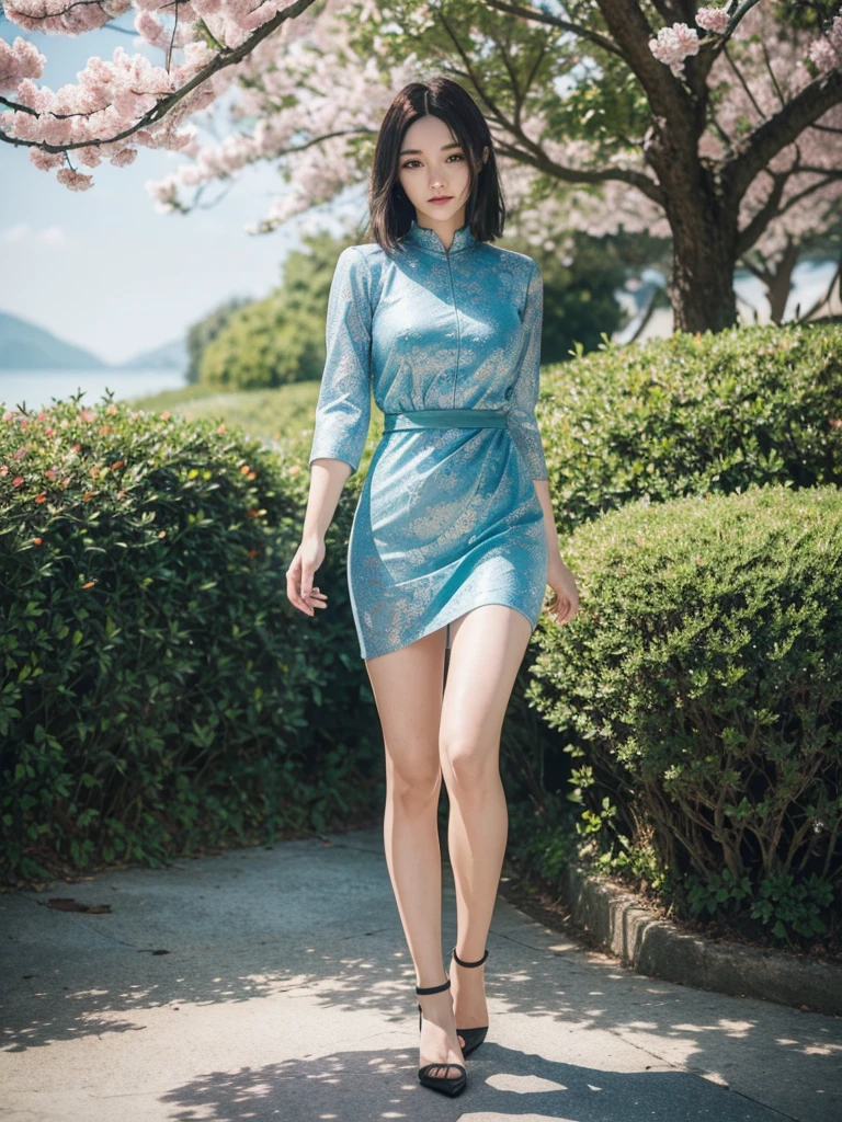 masterpiece, best quality,4girl,young girl, plum_pie eyes, brown, choppy bob,envious _face,shiny skin,medium breasts,nice leg line:1.3, thin waist, red color high heels, Pathway_lined_with_blooming_cherry_blossom_trees, looking at viewer,from below,full body, slim body, perfect face, ((Perfectly insane textured)), ((Perfect proportional object arcithecture)), ((Perfect photo)), ((Super ekstremely detiled)), ((best quality)), ((masterpiece)), (bright young face), (detailed), (full body), (anti aliasing), (standing tightly), (perfect face), beautiful face, nyi roro kidul, wear green kebaya, traditional javanese dress, casting an enchanting huge dragon spell on the waters, summoning her supernatural powers., Mysterious, green eyes, long black hair, realistic, 4K resolution, masterpiece, best quality, detailed, 8k, ultra detailed, flying in the ocean, thunder, dark cloud, looking straight, ultra hd, realistic, vivid colors, highly detailed, UHD drawing, pen and ink, perfect composition, beautiful detailed intricate insanely detailed octane render trending on artstation, 8k artistic photography, photorealistic concept art, soft natural volumetric cinematic perfect light