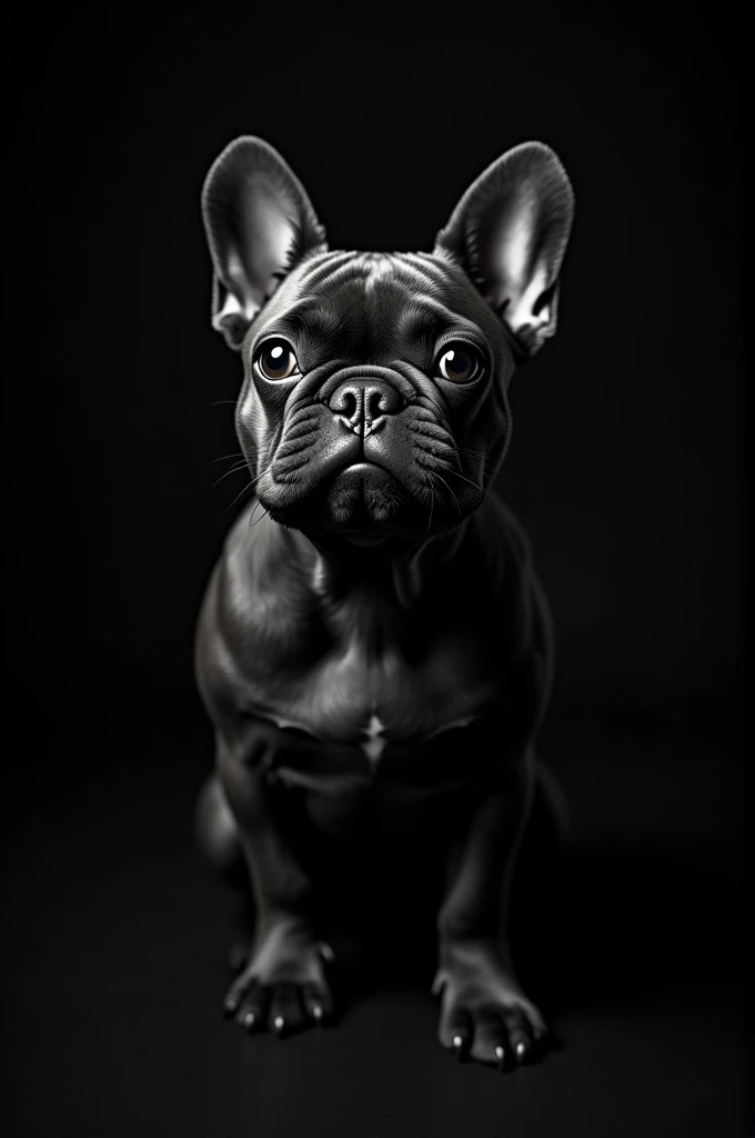 Black and white French bulldog on black background
