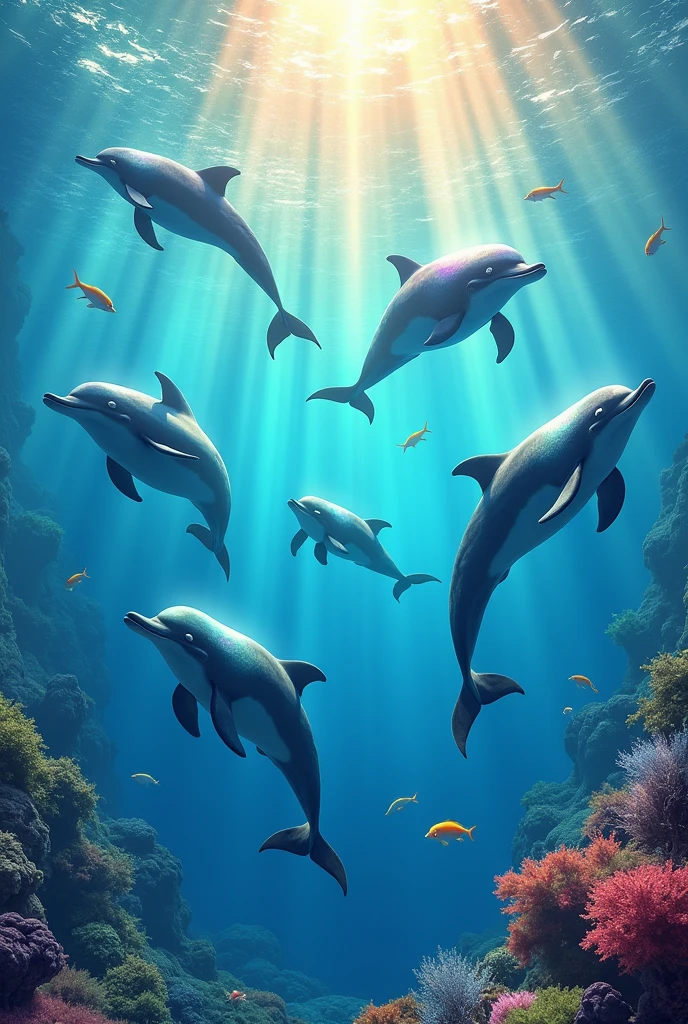 Colorful dolphins in the sea