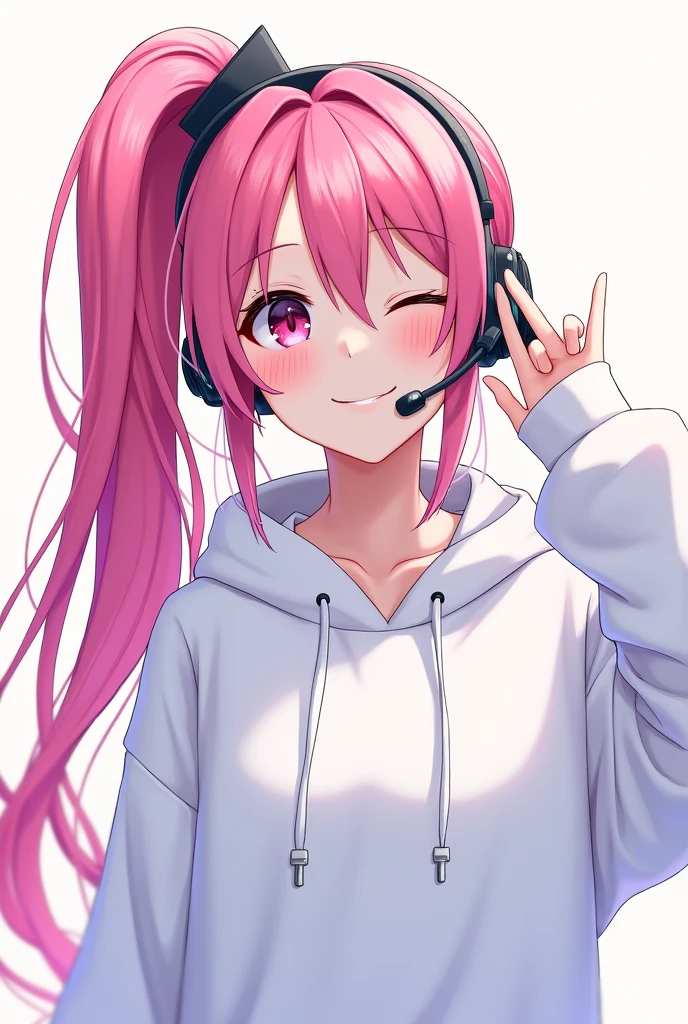 Long Hair, High resolution, Pink Hair, chest, smile, Hood worn, Interface Headset, Diagonal bangs, Side Ponytail, Anime Style, Oversized,White hoodie,Shorts Illustration, 3D Rendering, Sleepy, 
