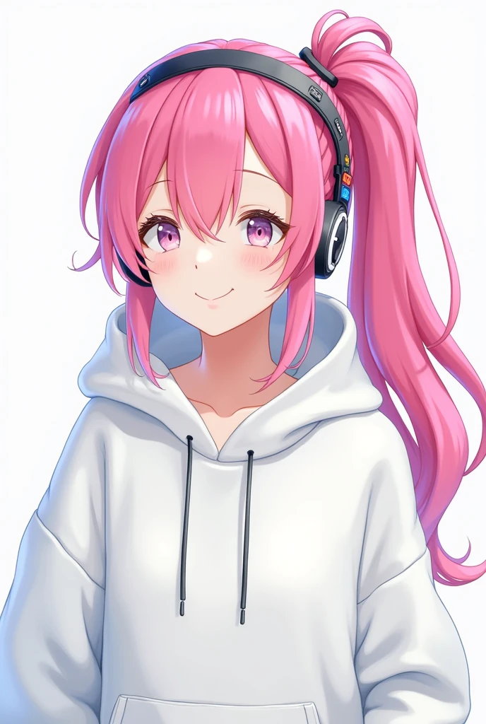 Long Hair, High resolution, Pink Hair, chest, smile, Hood worn, Interface Headset, Diagonal bangs, Side Ponytail, Anime Style, Oversized,White hoodie,Shorts Illustration, 3D Rendering, Sleepy,