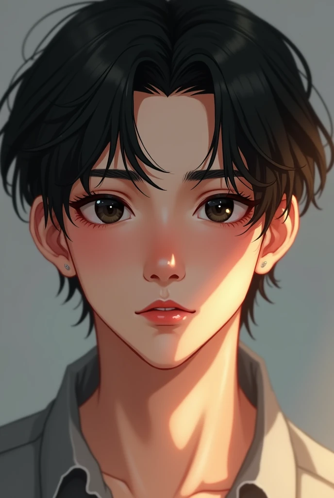 Human. Male, white skin, black hair, medium thin, black eyes. seventeen years. Boyfriend material. Very real face, Bambi eyes, pouty