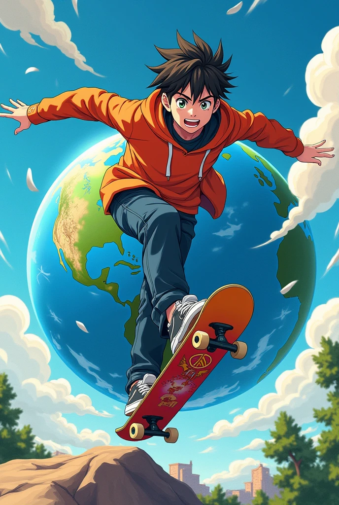 charachter: A young man with a vibrant and energetic appearance. He may have a typical anime stylized look., with colored hair and modern clothes. Skateboarding can be futuristic or stylized to stand out.
planet Earth: Represented in a vibrant and stylized way. It can have intense colors and a design that reflects the aesthetics of the anime., perhaps with bright clouds and well-defined continents.
Posição do charachter: The young man may be in a dynamic pose, like performing a trick on a skateboard or gliding across the Earth. Skateboarding can have visual effects that convey speed and movement.
colors: Use a bright color palette, with many contrasts. Blue for Earth, green for vegetation, and bright tones for the character and the skateboard.
animation style: Clean, well-defined lines, with exaggerated details in the eyes and facial expressions to capture the essence of the anime.