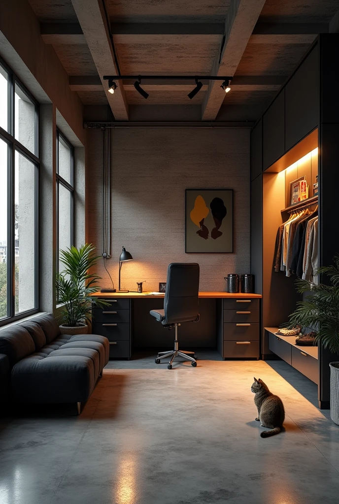 Room: Concrete, exposed ceiling, large workbench, black sofa, orange indirect lighting, drums, dressing room, cat