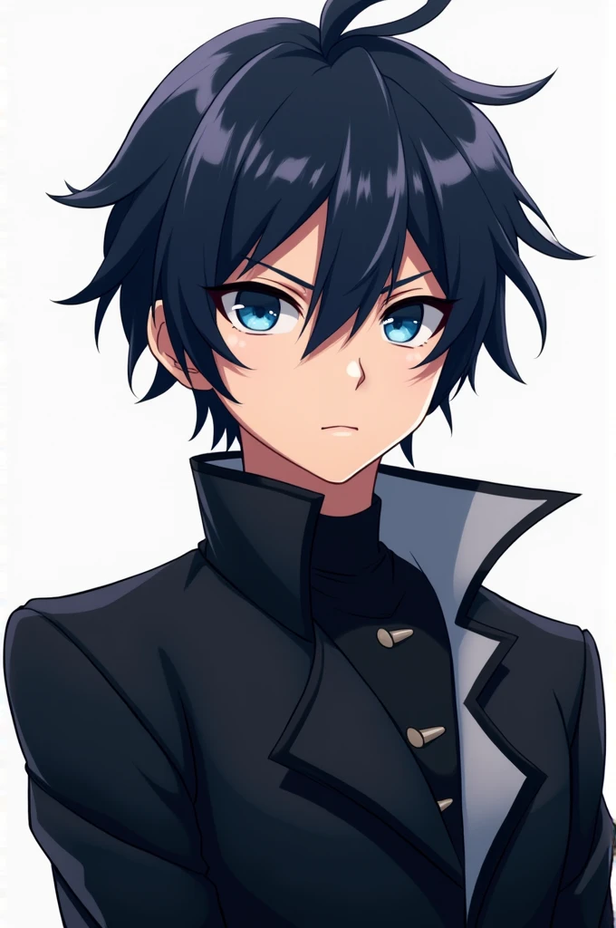 Anime drawing male character with black hair and blue eyes, black coat, white background, half body