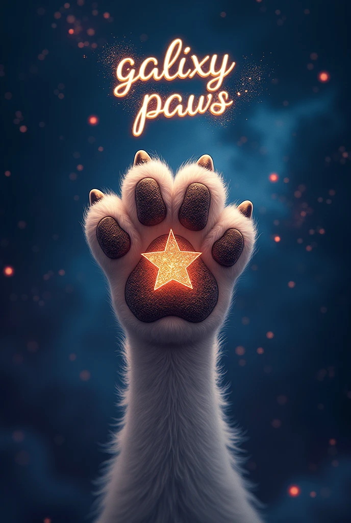 Draw a dog paw using a star made of threads and some letters that say "Galaxy Paws" above 