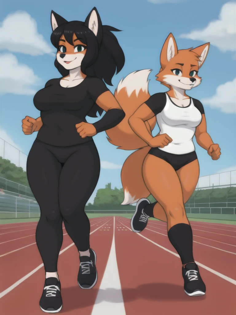 Furry, fox, female, black shirt, black leggings, shoes, running track, friends, full body