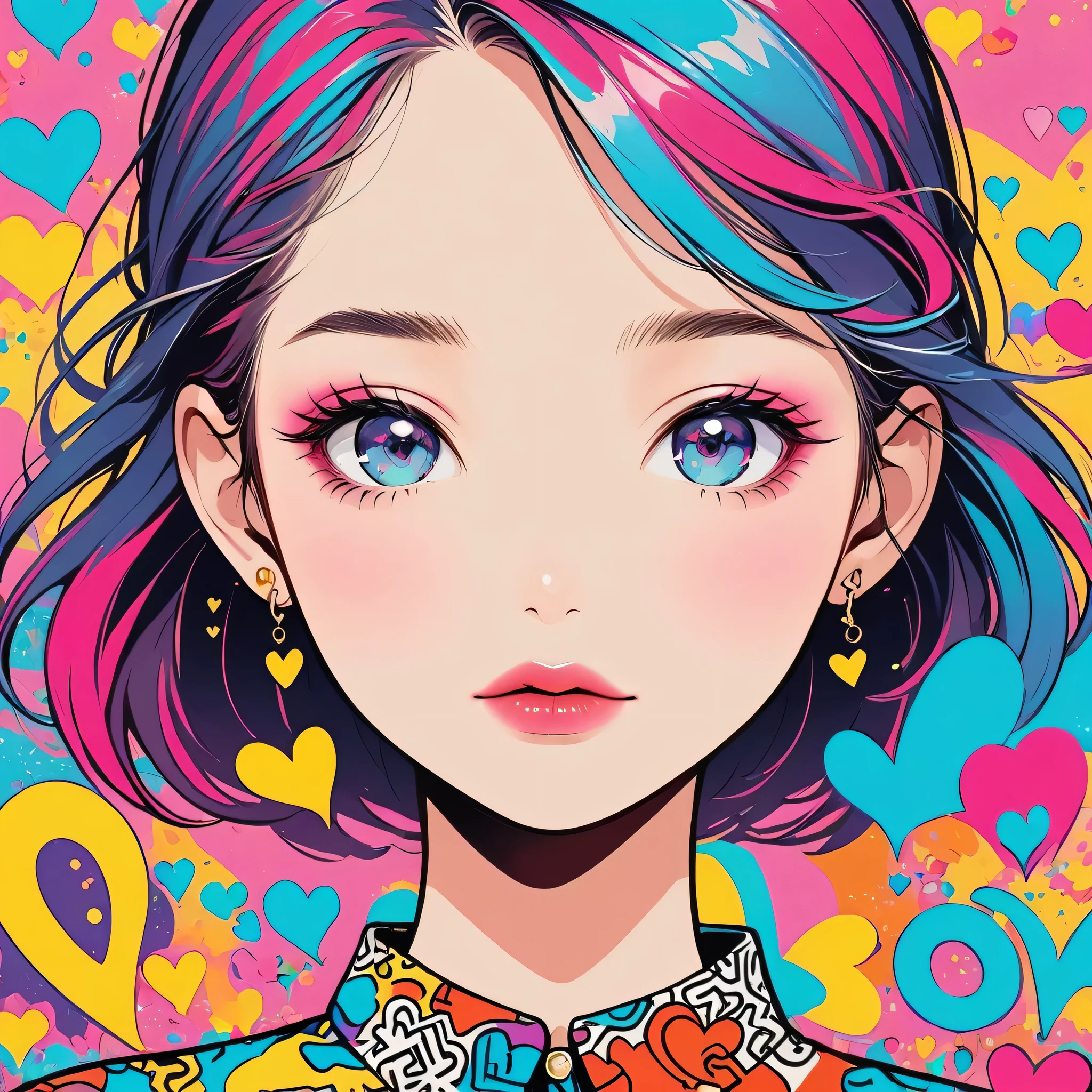 Keith Haring colorful style, Simple Line Initialism，Abstract art，Urban Background, (((The most beautiful girl of all time))), Sweet face. Lips in love, colorful hearts, stylish design