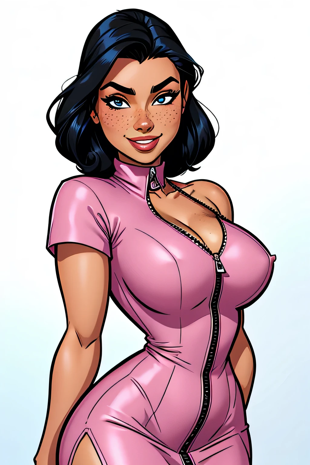 Thin woman, age 25, 4K (High definition), beautiful smile, seducing gaze, eyes browns, wearing pink dress ((with side zipper, shortsleeves, decote canoa)), arms positioned at the side of the body, pele caucasiana, slicked black hair ((loose to the shoulders)), standing (upper body), full of curves with freckles on her chest and neck, round breasts. High-quality Marvel style, white background.