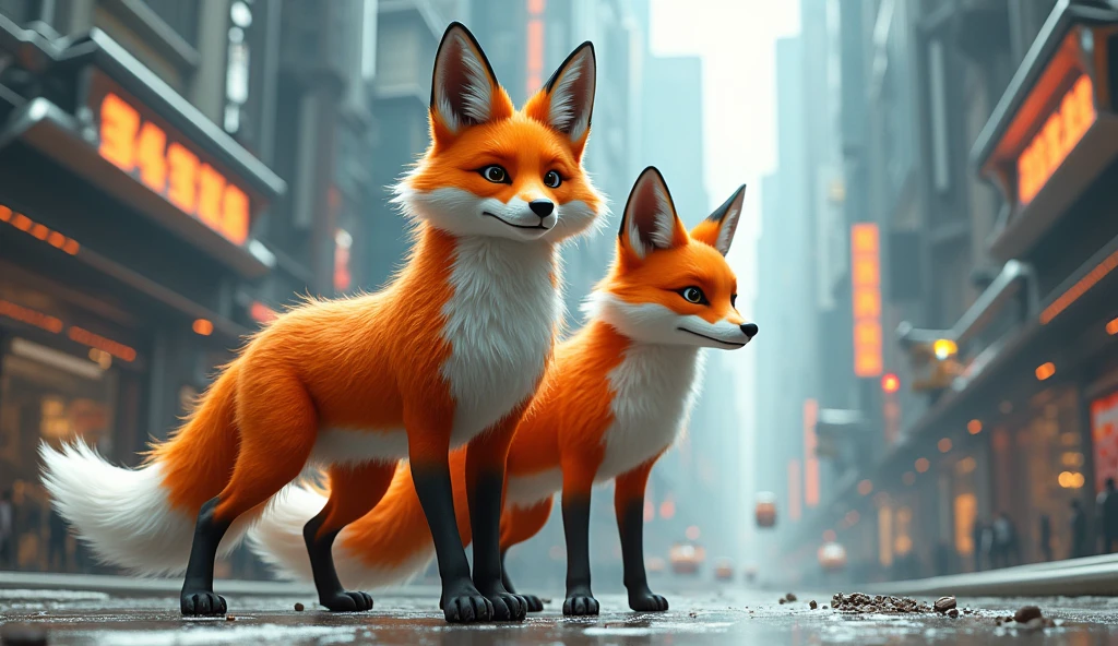 DOMINANT FOXES IN A FUTURISTIC URBAN PLACE GET OUT OF THE WAY