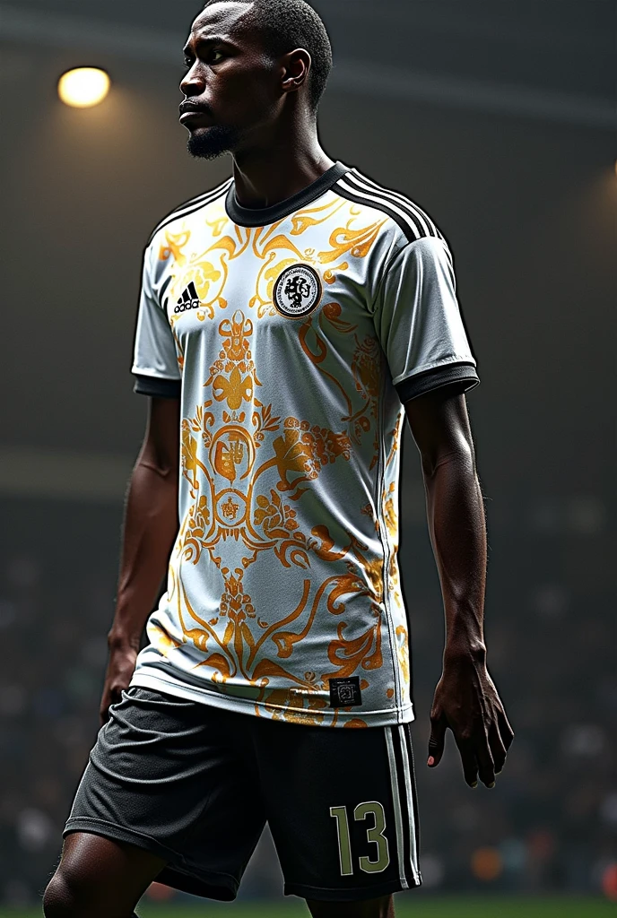 Make a soccer short based on the shirt in the image with the design that it has as is.