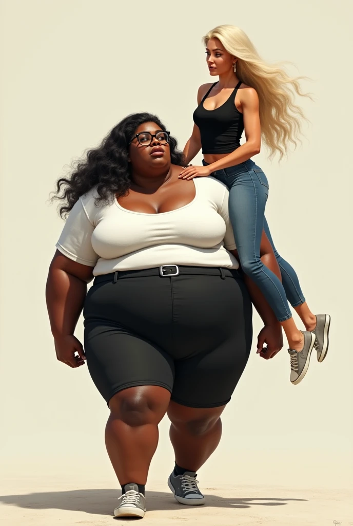 Create a realistic image of a 20 year old woman, obese, with black and dark skin, wearing a white shirt and black skirt and glasses, lifting a 2 woman from the ground and carrying her on her shoulder, with light white skin, blonde hair long, slim body, with a long, tight black blouse and wearing jeans