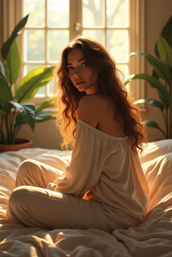 (photorealism:1.2), beautiful woman, sitting on bed, wearing loose off-shoulder top, pajama pants, long curly hair, indoors, soft lighting, plants in background, window with sunlight, cozy room, relaxed pose, realistic, intricate details, warm colors, by Greg Rutkowski, by Alphonse Mucha