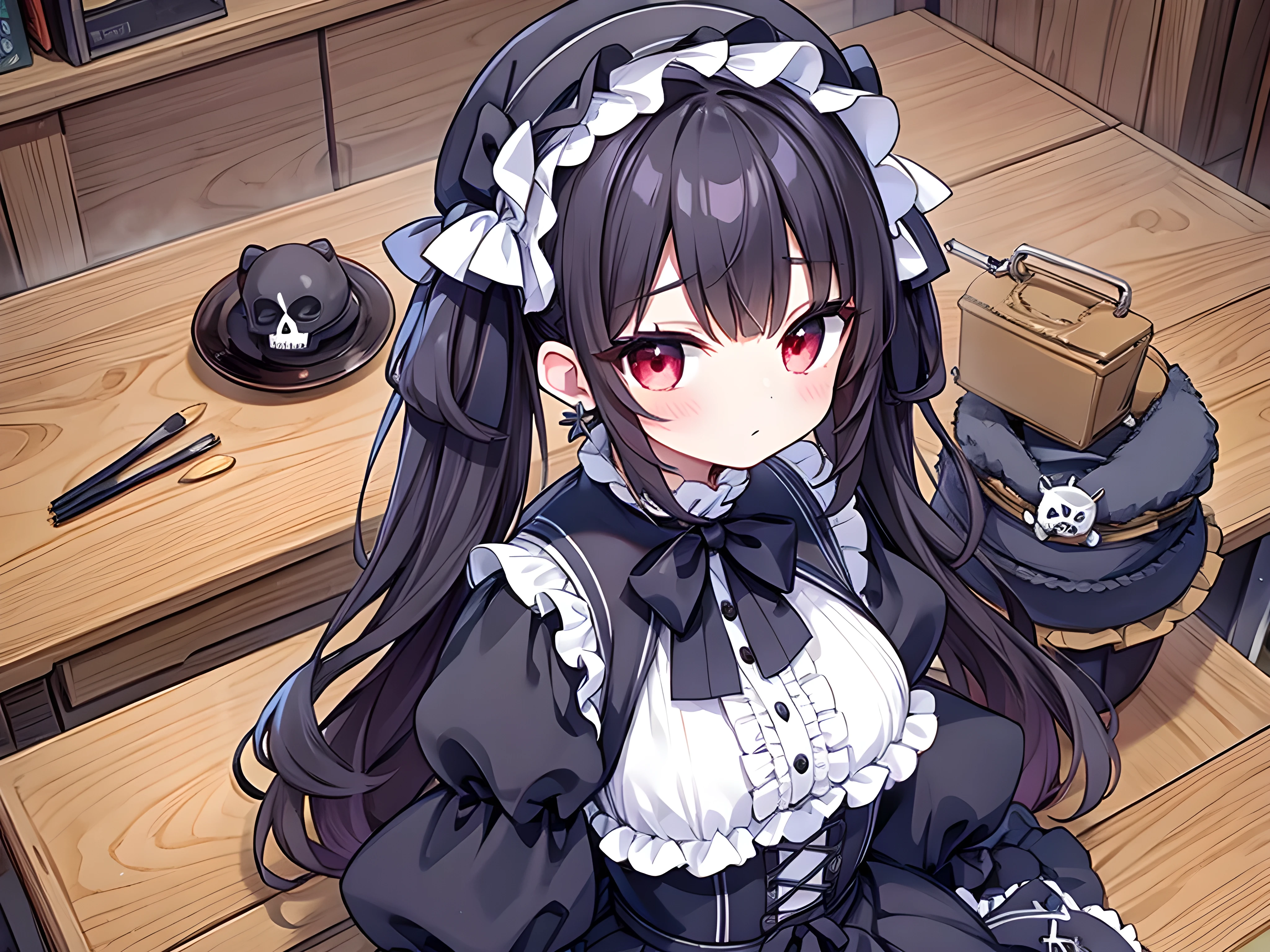 (masterpiece、Highest quality、Super detailed、8k:1.2) Aesthetic style、Real、watercolor、rococo、Dark Color、独奏、fog、From above、Sit on a chair、1、Gothic and Lolita、 、anger、Cold attitude、Looking up at the sky、Red eyes、Black Hair、Straight bangs、Twin tails、Mouth closed、Black bonnet headdress、rose corsage、Earrings、scarf、(Goth Dress:1.2)、(Bib:1.1) )、Puff sleeves、Cross embroidery、Full skirt with lace and ribbon、(Volume Frills Skirt:1.3)、(panniers:1.2)、(Long skirt:1.2)、corset、Jacket、race bag、Race Up Boots、(Frills、ribbon、race:1.4)、(Cross sign:1.1)、Silver Jewelry、Skull Accessories、belt、Black Feather、chopsticks、