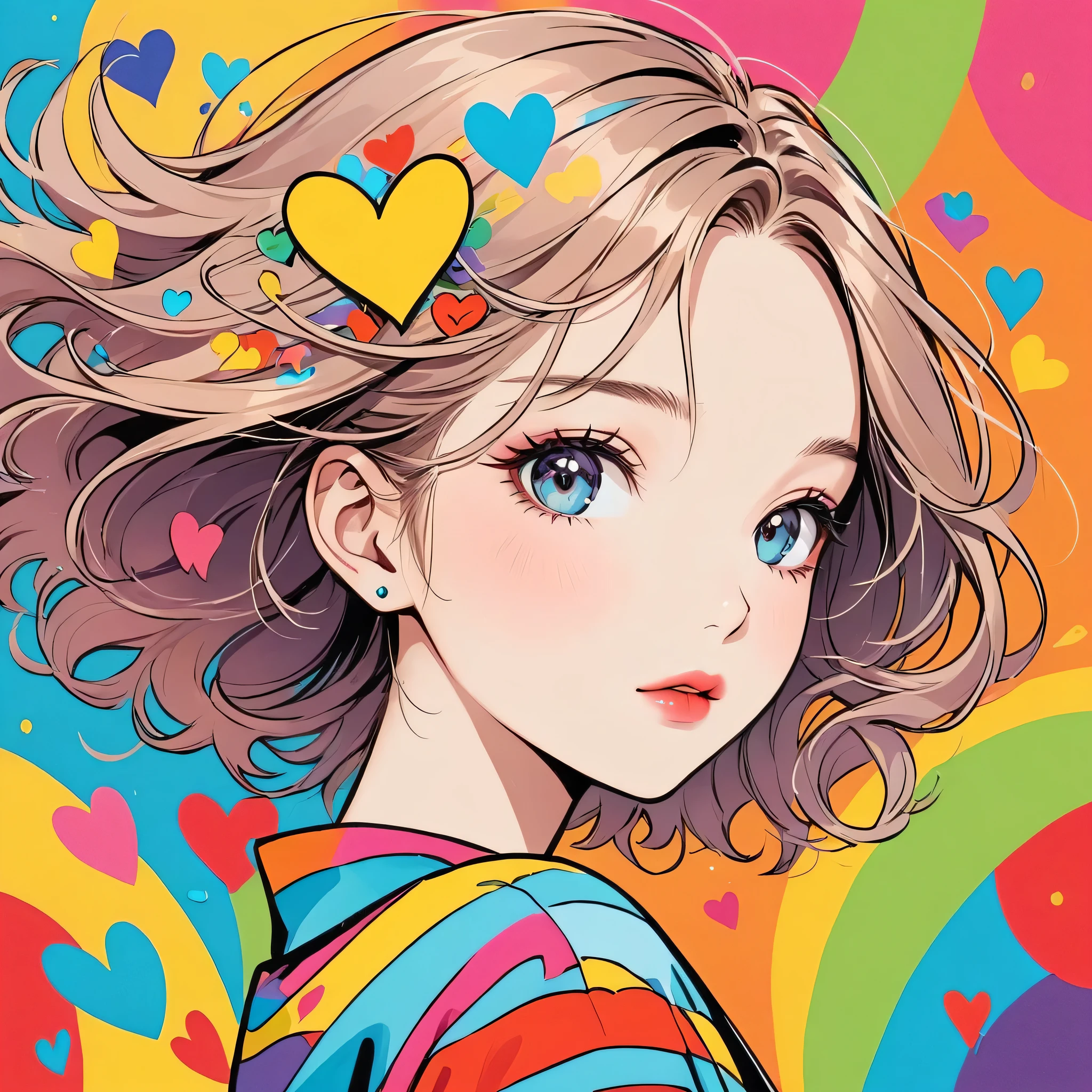 Keith Haring colorful style, Simple Line Initialism,Abstract art,Urban Background, (((The most beautiful girl of all time))), Sweet face. Lips in love, colorful hearts, stylish design