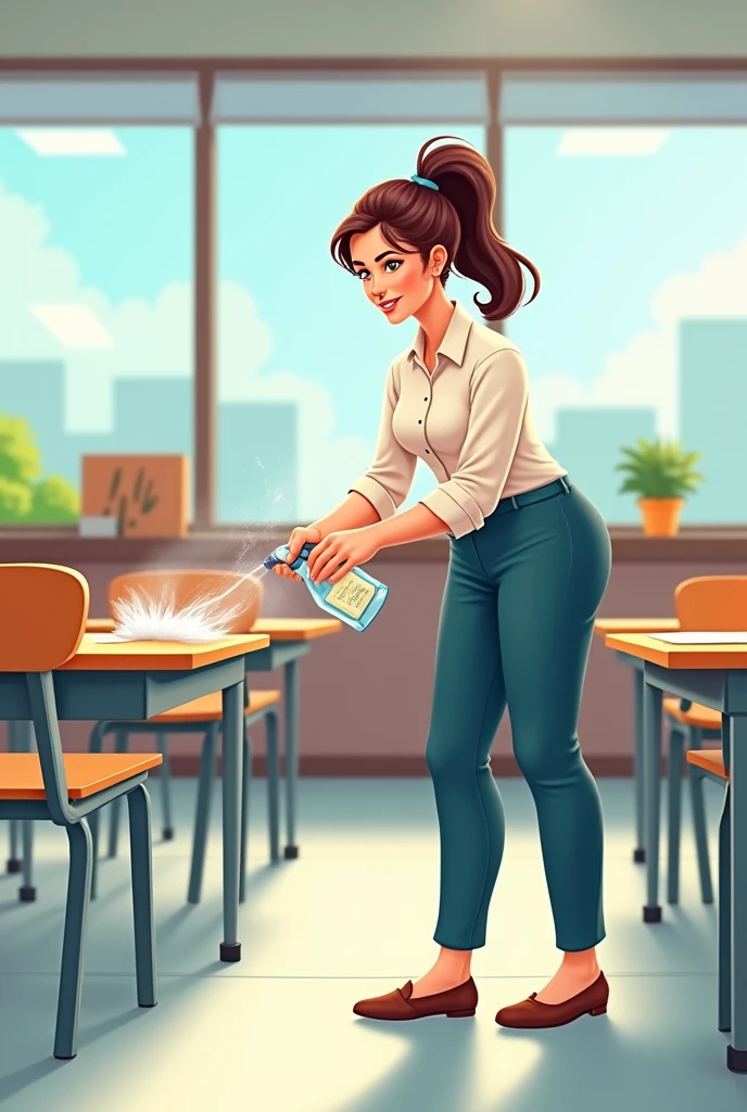 I am looking for an illustration of a teacher disinfecting desks Drawing style: Modern and vector, with smooth, clean lines, and vibrant colors. Cartoonish but realistic. Color: Using a palette of bright and contrasting colors that are pleasant and eye-catching. FORMAT: Illustrations arranged in a book or manual style. This illustration is intended for a guidance and training manual, so it must be clear, accessible and visually appealing."