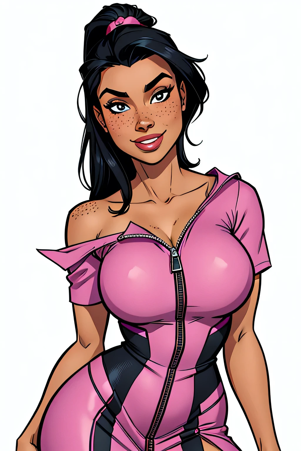 Thin woman, age 25, 4K (High definition), beautiful smile, seducing gaze, eyes browns, wearing pink dress ((with side zipper, shortsleeves, decote canoa)), arms positioned at the side of the body, pele caucasiana, slicked black hair ((loose to the shoulders)), standing (upper body), full of curves with freckles on her chest and neck, round breasts. High-quality Marvel style, white background.