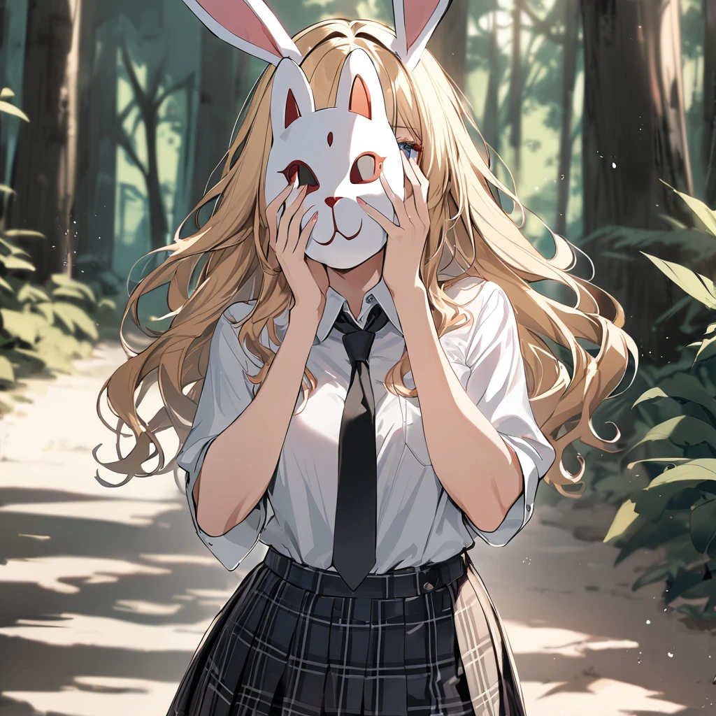 masterpiece, high quality, detailed background, girl, blonde, long wavy hair, light blue eyes, school uniform, white shirt, black tie, plaid skirt, ((white rabbit mask covering her face)), forest background