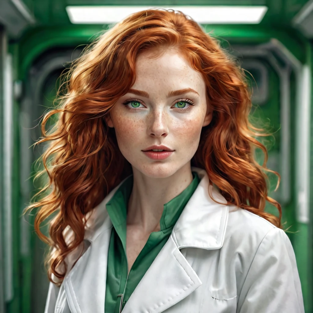 Semi realistic illustration portrait of a white woman, redhead with wavy hair, green eyed, with freckles. face with fine features, medium lips, with a pretty look. white coat dress. Doctor from a science fiction future.