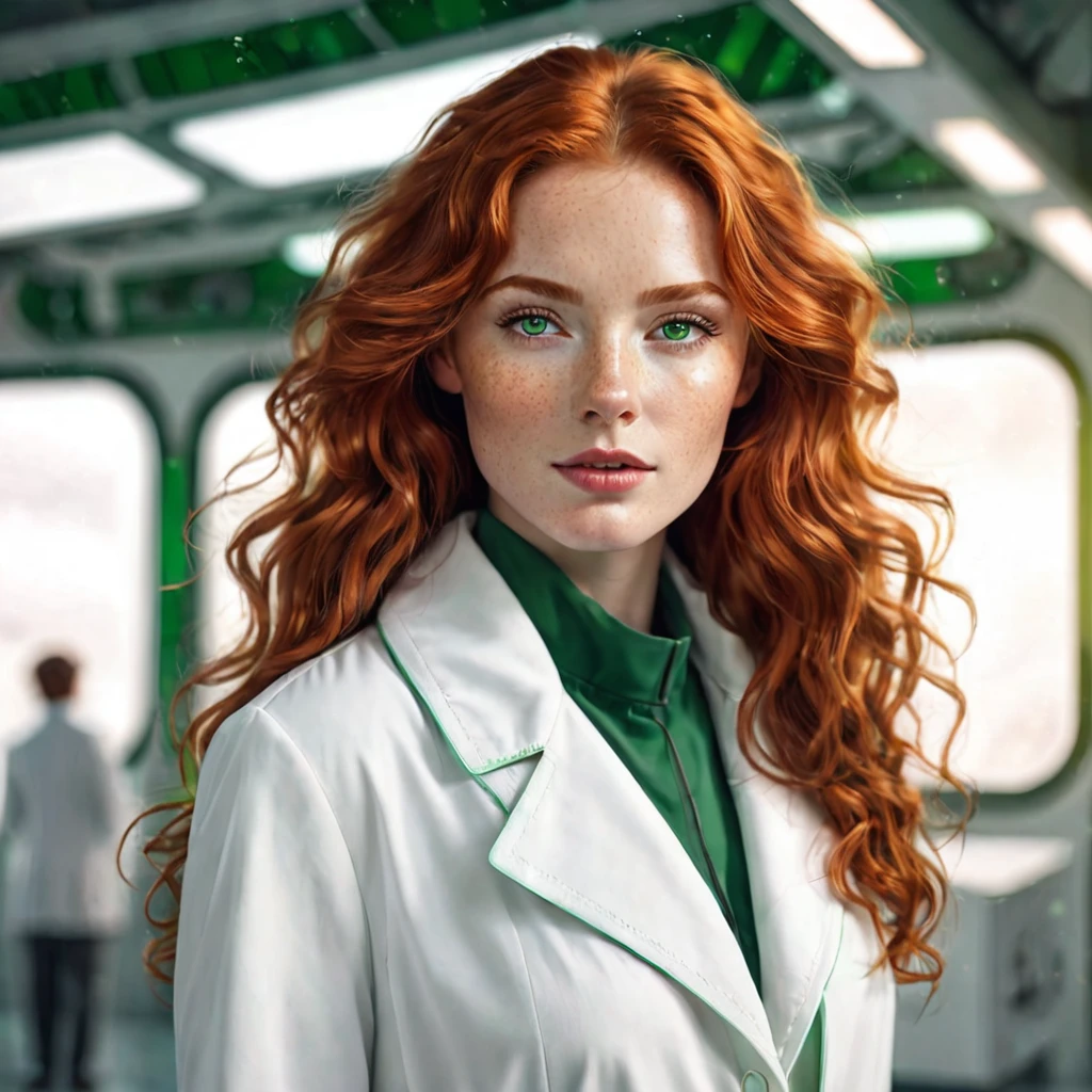 Semi realistic illustration portrait of a white woman, redhead with wavy hair, green eyed, with freckles. face with fine features, medium lips, with a pretty look. white coat dress. Doctor from a science fiction future. 